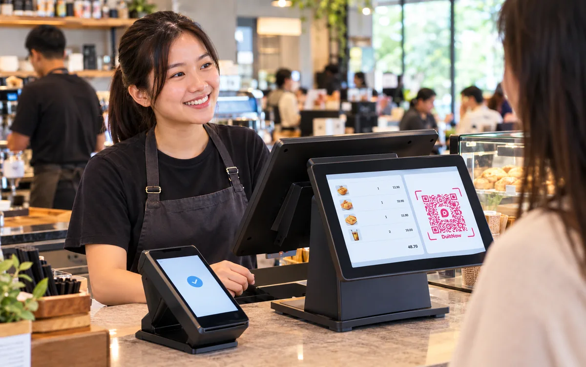 Seorang juruwang tersenyum di kaunter kafe yang sibuk, dengan kod DuitNow QR dipaparkan pada skrin POS untuk diimbas pelanggan